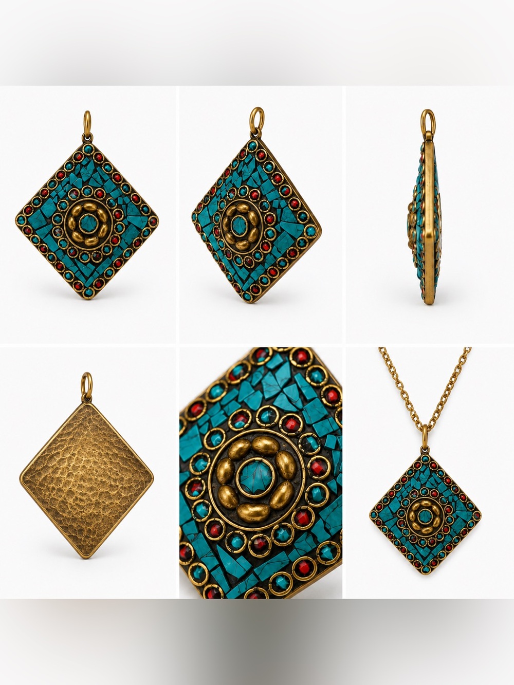 Turquoise Mosaic Diamond Pendant Necklace - Unbranded